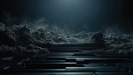 Noir Mist Abstract 3D Background Featuring a Black Palette with Ethereal Fog and Subtle Light Effects, Creating an Enigmatic Atmosphere - obrazy, fototapety, plakaty