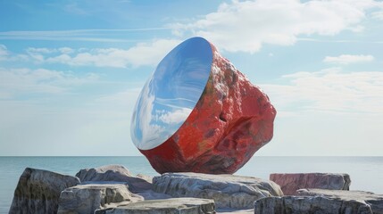 Obraz premium Red stone with a mirror against the sky.