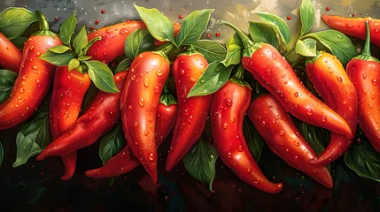 Glasschilderij  A fiery cluster of red chili peppers with a shine, invoking the essence of spice and flavor  © Reiskuchen