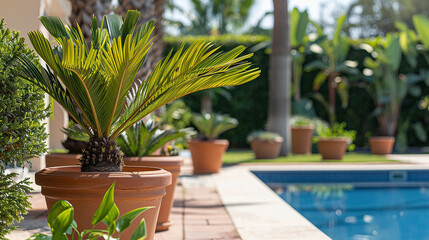 jardim com vasos de barro e palmeiras phenix  perto de piscina  - obrazy, fototapety, plakaty