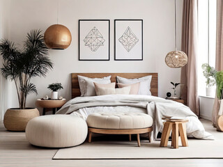 Bedroom with modern interior, Flowers on Wooden Stool and pouf in white background with Poster Frame, watercolor floral Poster frame in the living room
