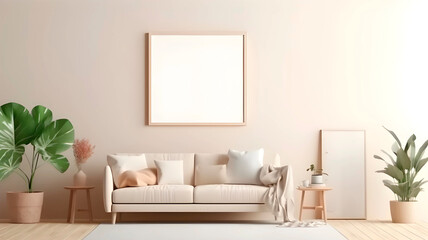 Frame mockup without picture in contemporary minimalist bright room interior, generated AI 