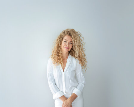 Beautiful 40s 50s mature woman smiling portrait with blond curly hair elegant make up style business office crossed arms