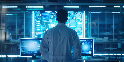 Doctor in a lab looking at a digital file of a patient - Powered by Adobe