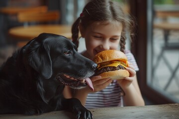 A girl with black dog eating burger
