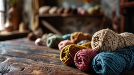 A wooden table with several rolls of yarn in different colors and textures. - Powered by Adobe