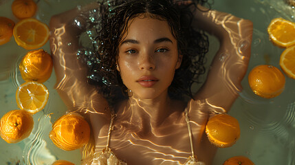 A serene woman's face emerges amidst citrus slices in a water bath, suggesting relaxation and refreshment