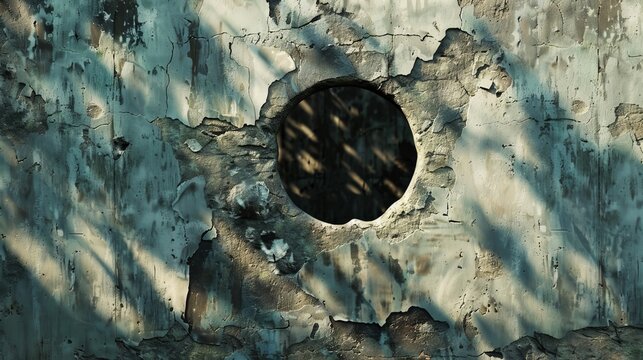 House wall with a hole in the center, background, concept: Valuation problems real estate or real estate funds, copy or text space, 16:9