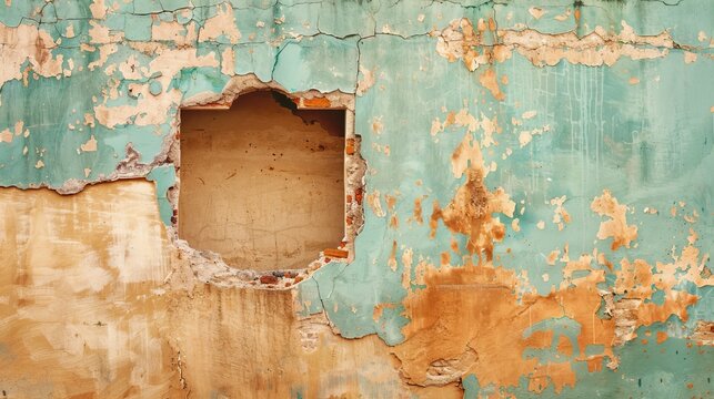 House wall with a hole in the center, background, concept: Valuation problems real estate or real estate funds, copy or text space, 16:9