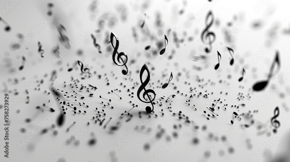 Wall mural black music notes on white background, copy space, 16:9