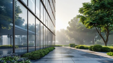 3d render of morning view to perspective glass building, copy space, text space, 16:9