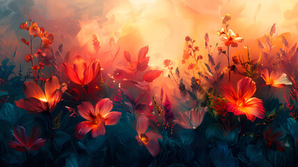 This image is a digital art depiction of glowing red flowers set against a soft, sunset-hued backdrop