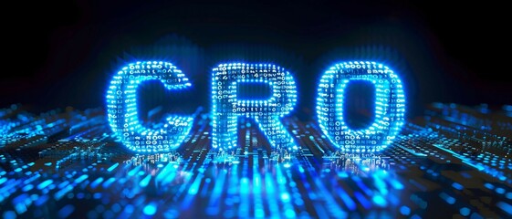 Digital blue matrix binary code forms the acronym CRO , symbolizing the concept of Conversion Rate Optimization.
