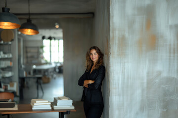 Beautiful woman smiling portrait with crossed arms with hair elegant make up style business office businesswoman at work