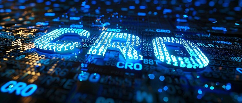 Digital blue matrix binary code forms the acronym CRO , symbolizing the concept of Conversion Rate Optimization.
