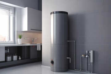 Naklejka premium White modern home gas boiler mounted on a grey wall on a kitchen. Water heater. Water heating, ecology.