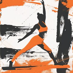 pop art poster for a pilates class, white, orange and black tones