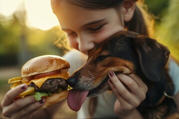 Girl and dog hugging and eating burger