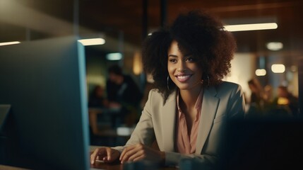 Serious, focused young beautiful African American woman with glasses, dressed in brown blouse and business suit, sits at her desk in front of computer monitor in office and prints text from document