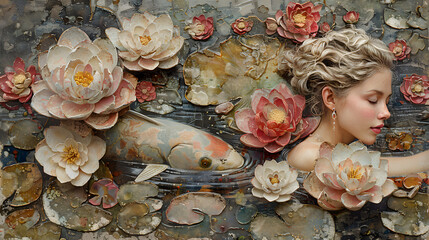 A surreal portrait of a woman merged with water, flowers, and a large fish, exhibiting tranquility