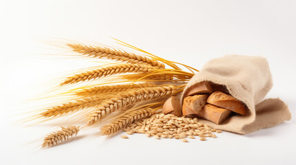 Fresh Whole Wheat Bread Loaf with Wheat Grains and Ears on a White Background - obrazy, fototapety, plakaty