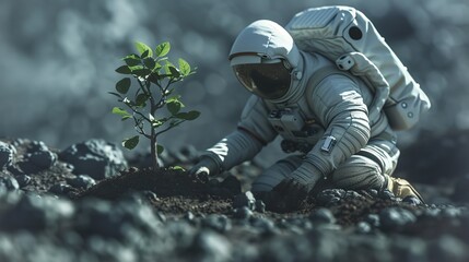 Astronaut raise a tree on another planet