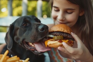 Girl and dog eating burger
