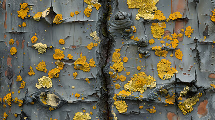 A close-up of a wooden surface with peeling grey paint and vibrant yellow lichen growths creating a contrasting texture