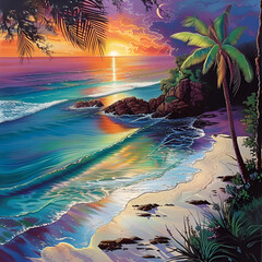 beach with palm trees sunset illustration