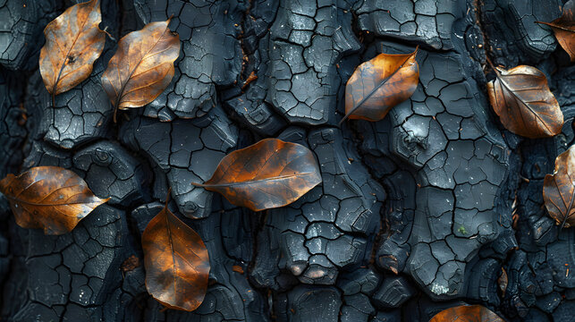 A detailed image depicting charred blackened wood with scattered dry brown leaves, highlighting the cycle of life and decay