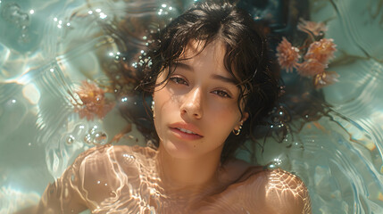 A captivating portrait of a woman floating in crystal-clear blue water with sunlight reflections