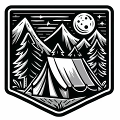 Washable wall murals Mountains A black and white image of a tent with mountains and a moon