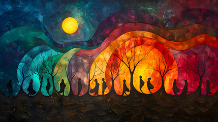 Obraz na płótnie Canvas This image represents a group of silhouettes moving beneath a vibrant, colorful sky resembling a cosmic phenomenon
