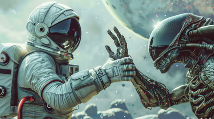 Astronaut doing high five with an alien on another planet