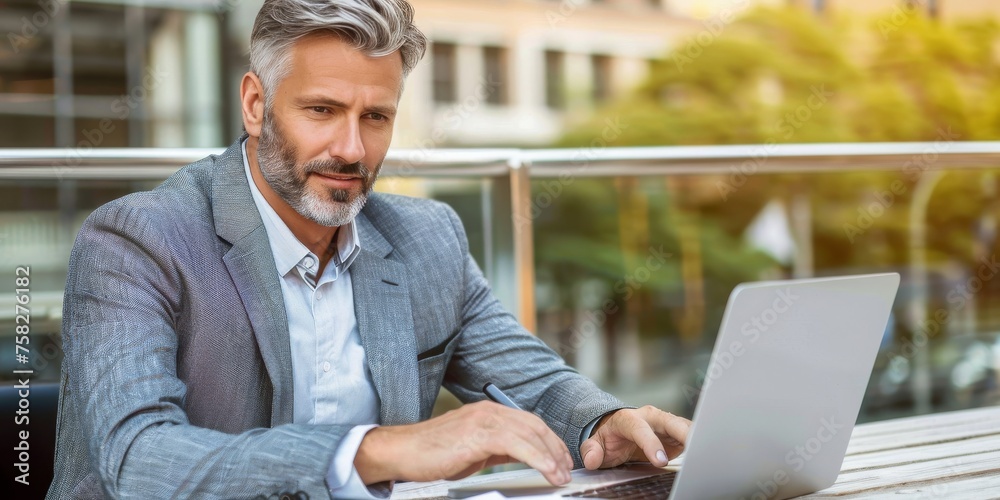 Aufkleber analytical focus: a businessman intently studies data and charts, reflecting the depth of strategic 