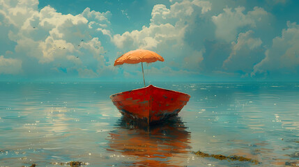 A solitary red boat with a single umbrella floats on a tranquil sea under a vast sky, creating a meditative and thoughtful scene
