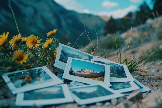 Pile of Polaroid Memories Amidst Mountain Scenery