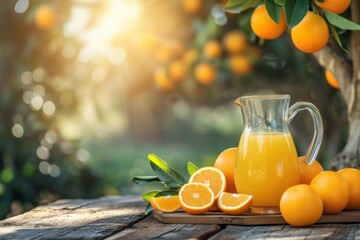 Orange juice glass and jug on a wooden table in a garden of orange trees in a blurred background - obrazy, fototapety, plakaty
