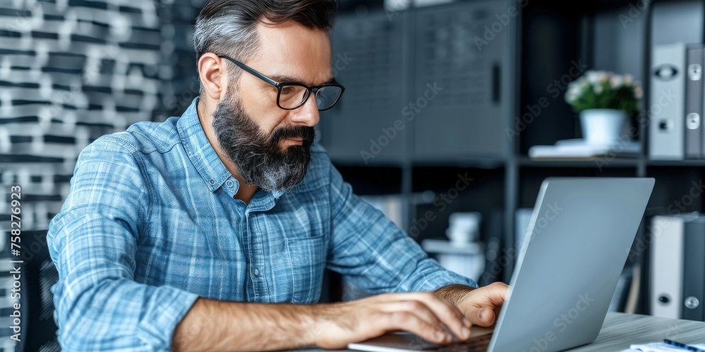 Aufkleber analytical focus: a businessman intently studies data and charts, reflecting the depth of strategic 