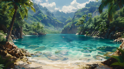 A serene tropical paradise with clear turquoise waters, white sandy beach, towering palm trees, and majestic mountain backdrop