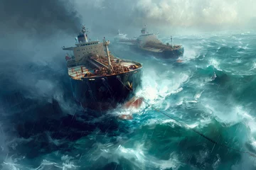 Rolgordijnen group of oil tankers in a stormy sea. The tankers are struggling to stay afloat, and there are waves crashing in the background © mila103