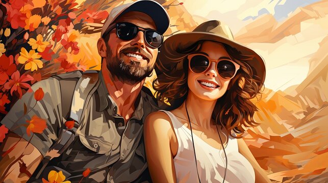 Smiling couple taking selfie with smartphone on beach summer. Holidays, vacation, travel and people concept. young happy couple in love newlyweds traveling on vacation taking selfie, Generative AI
