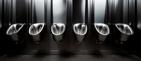 A row of urinals suspended from the ceiling in a public restroom resembles the layout of human body xrays in radiography