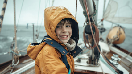 A joyful child in a yellow raincoat enjoys a sailing adventure amidst foggy seas.
