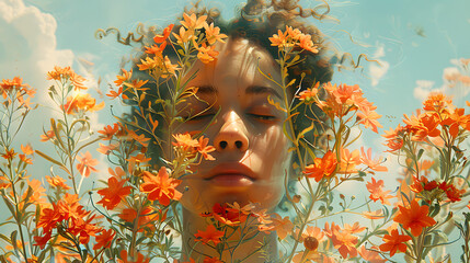 Artistic depiction of a submerged woman surrounded by vibrant orange flowers beneath a tranquil blue sky