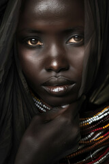 Portrait of a beautiful African woman in black clothes. AI.