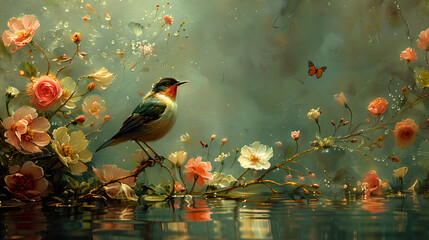 A delicate bird among blossoms and butterflies by the water, invoking a sense of peaceful harmony