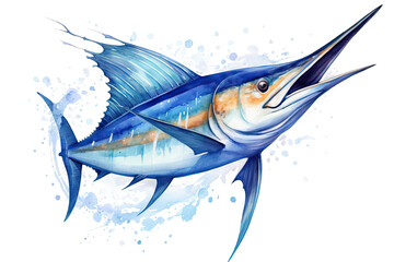 background blue white watercolors marlin a fish cute - obrazy, fototapety, plakaty