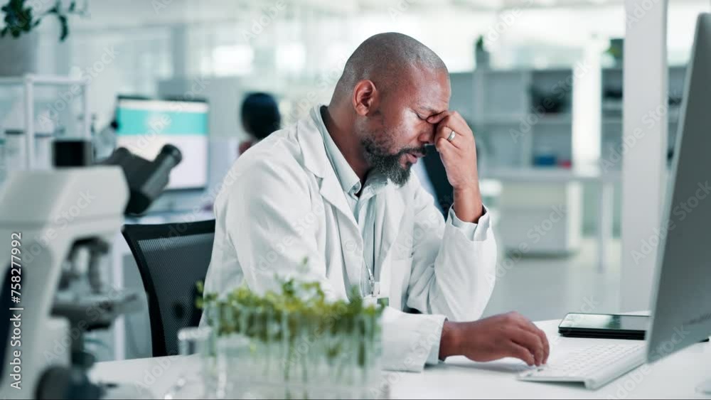 Poster Scientist, work and man with pain from headache at computer with burnout from research in laboratory. Tired, fatigue and person typing a search for solution to migraine, problem and health in stress