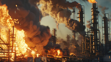 Intense flames and smoke erupt from an industrial complex, symbolizing energy intensity and environmental issues. - obrazy, fototapety, plakaty